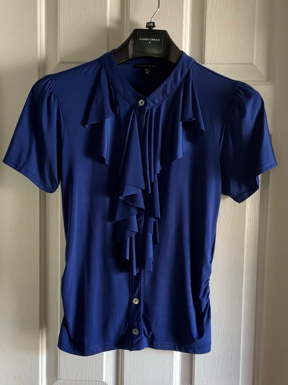 Short-Sleeve Ruffle Front Blouse in Royal Blue - Women